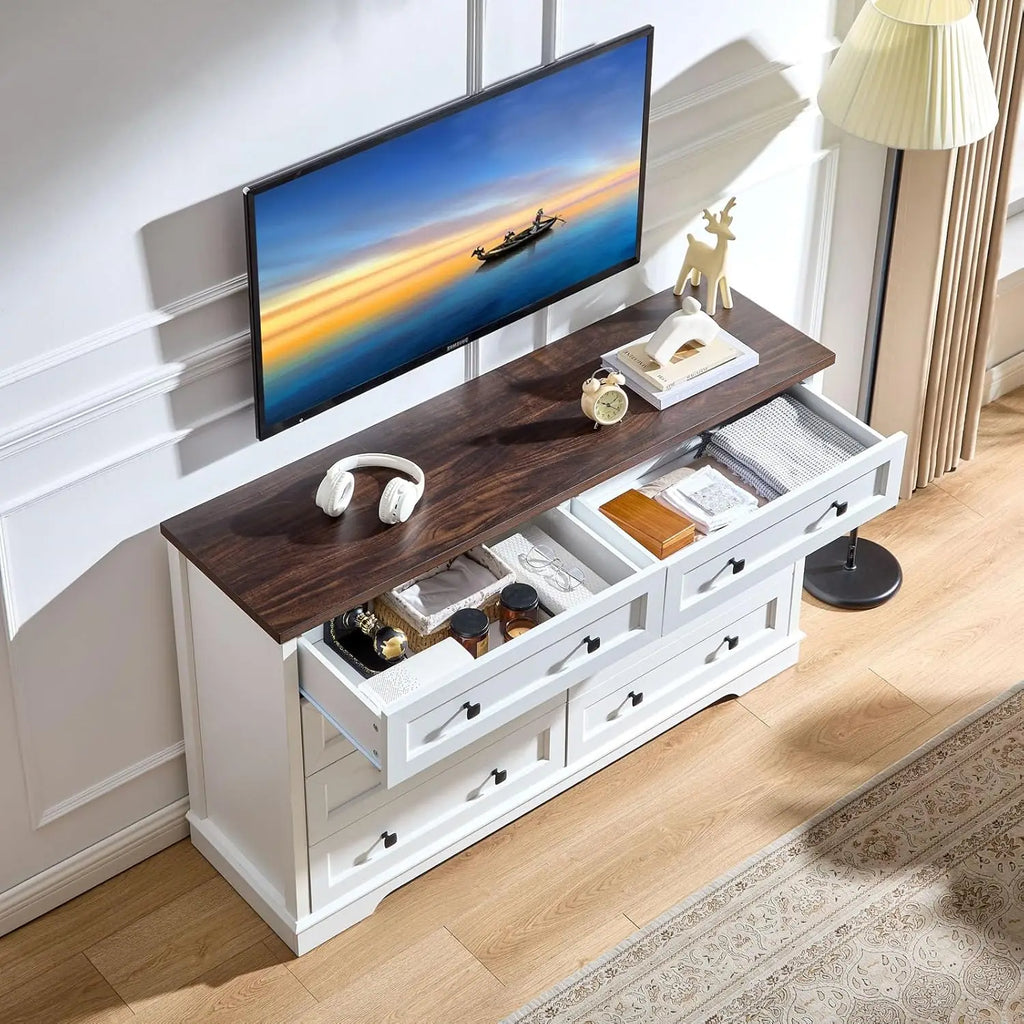Dresser for Bedroom, Farmhouse Dresser with 8 Wooden Drawers and Storage Cabinet, 55 Inches Wide Chest of Drawers for Bedroom, L