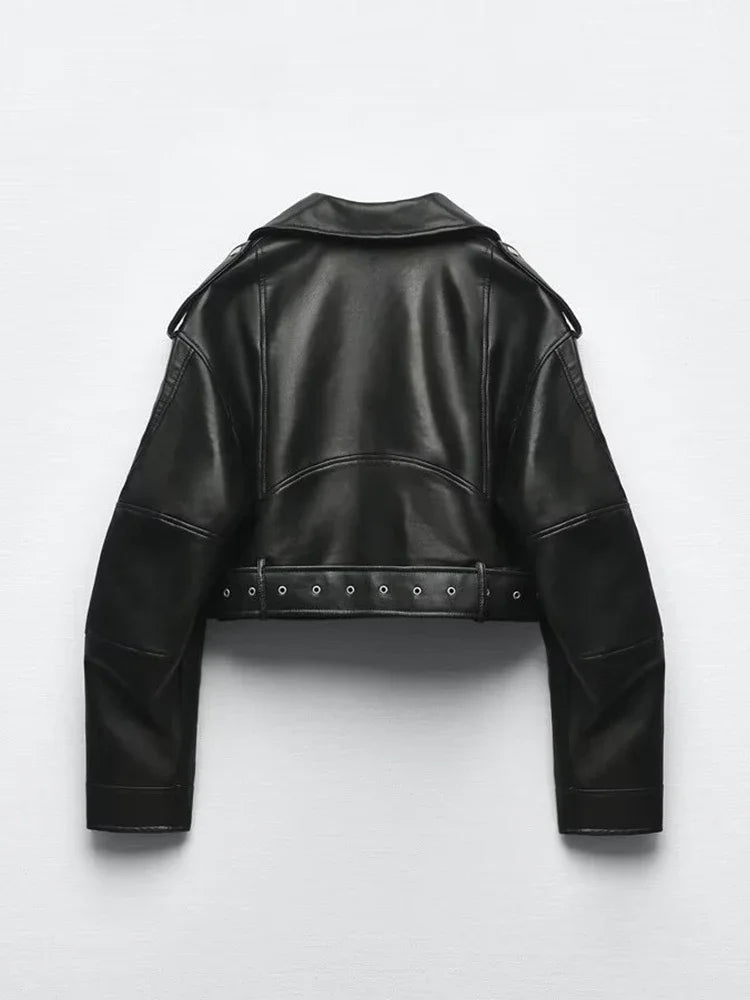BBWM Women Oversized Vintage Loose Pu Faux Leather Short Jacket with Belt Streetwear Female Zipper Retro Moto Biker Coat Outwear Secondary image