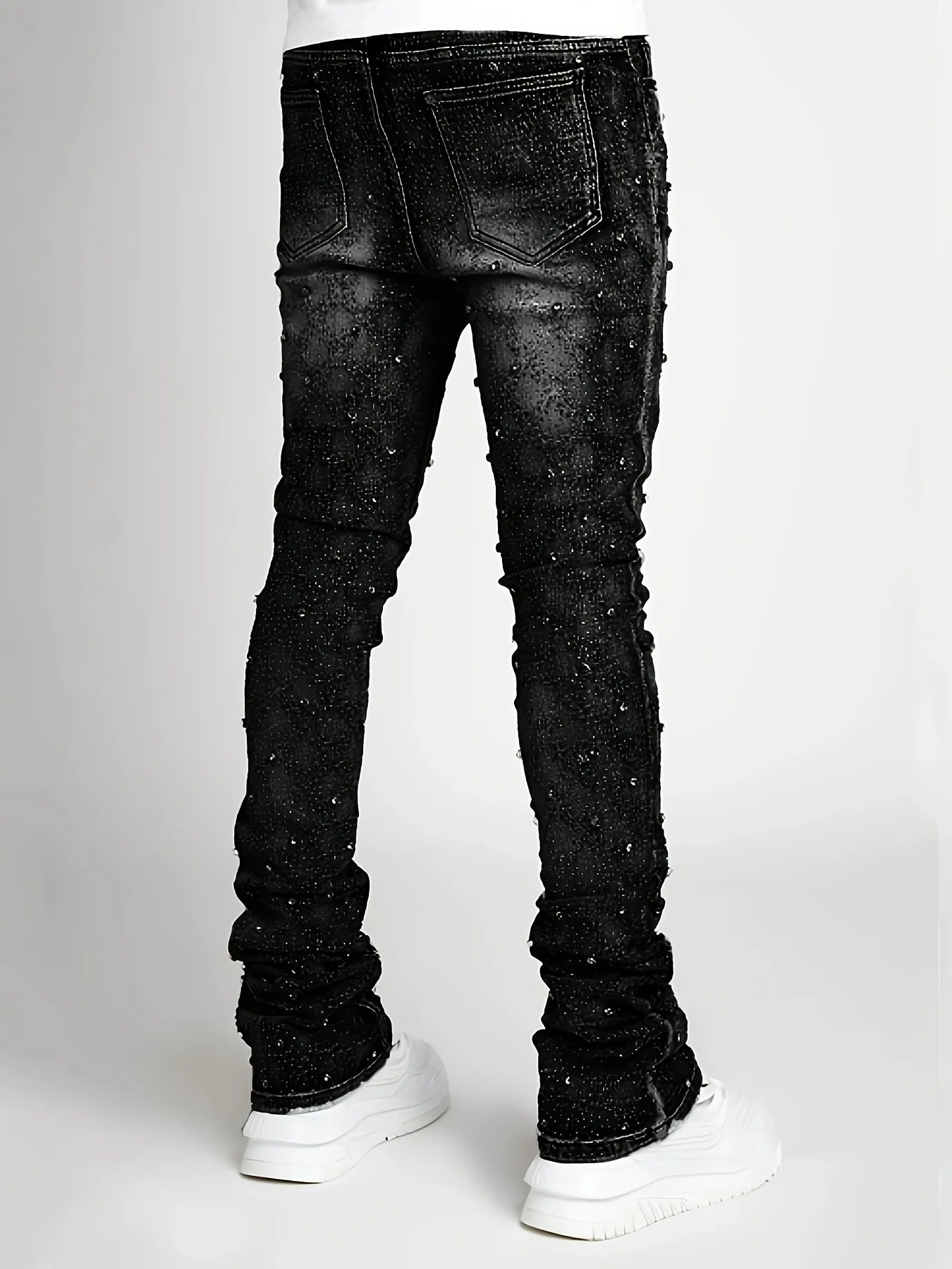 Men's denim fashion personality straight leg men's pants European and American fashion Instagram hot item elastic pearl denim la