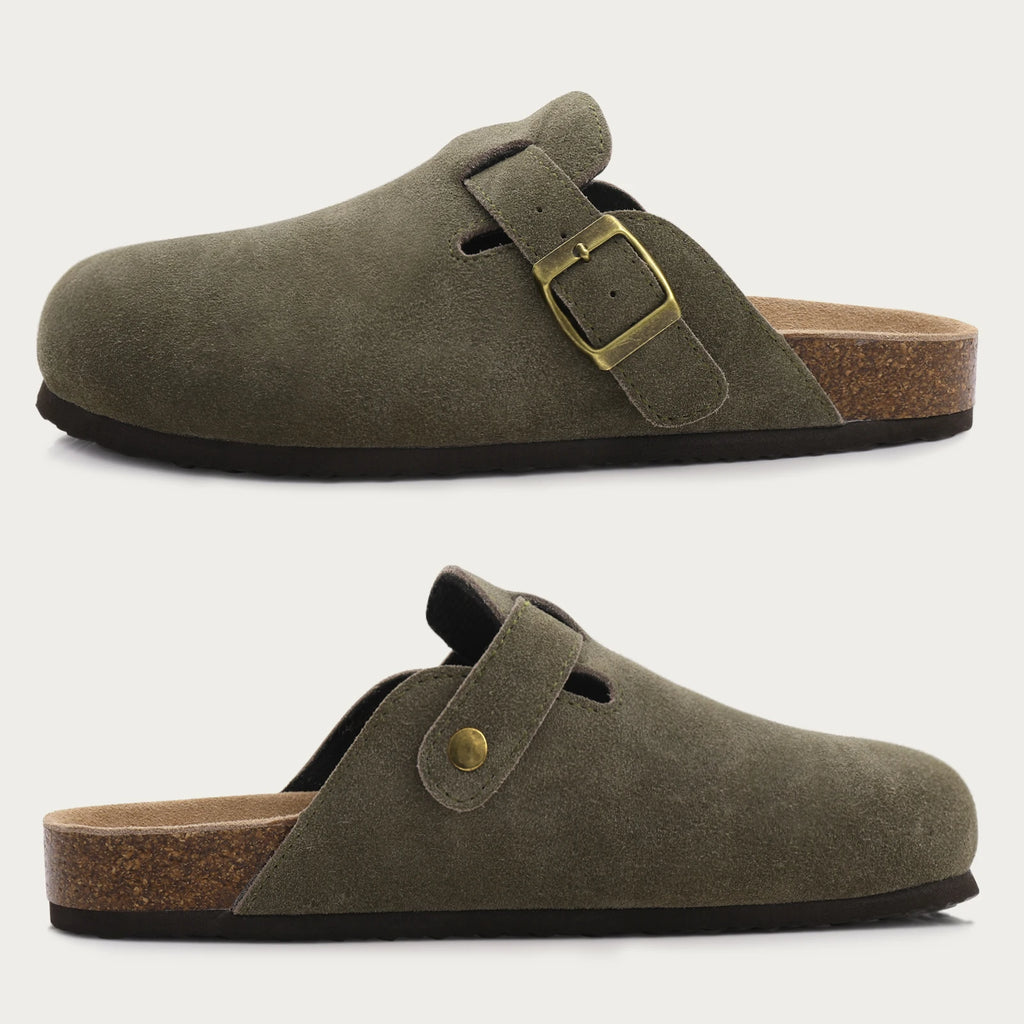 Comwarm Fashion Men's Suede Mules Slippers New Women Clogs Cork Insole Sandals With Arch Support Outdoor Beach Slides Home Shoes