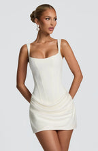Sexy Backless Ruched Mini Dress Women Elegant Tapered Straps Square Collar Sleeveless High Waist Dresses 2025 Lady Party Gown