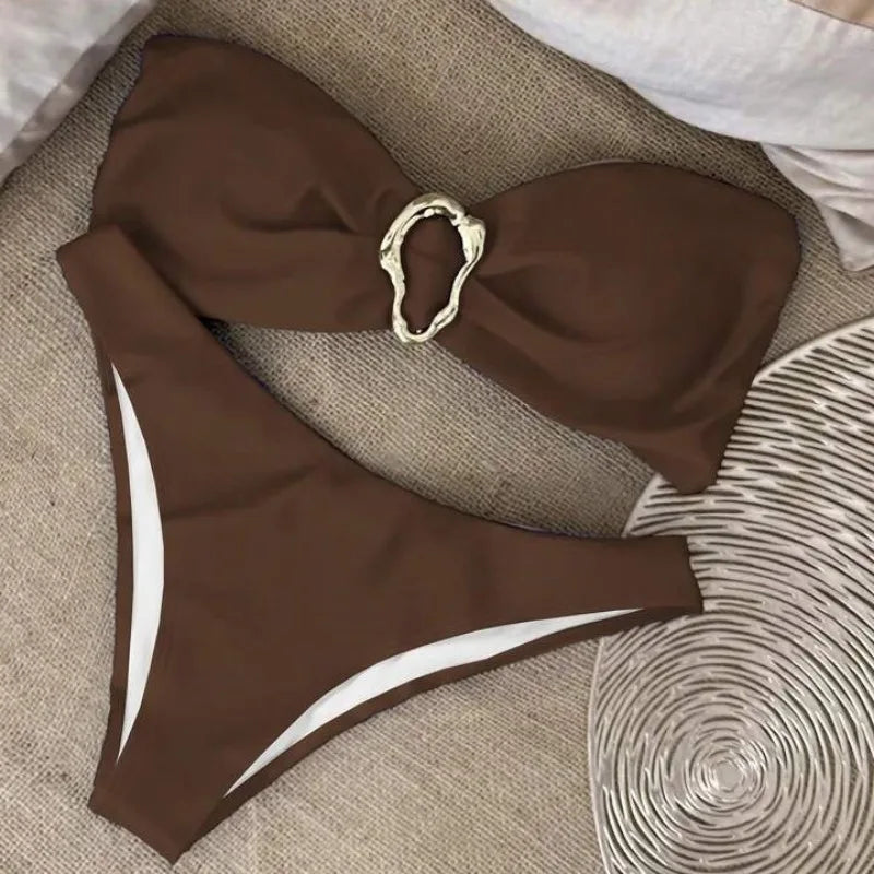 Women Strapless Bikinis Sets Summer Push Up Swimwear Two Pieces Suits Female Sexy Swimsuits Solid Color Lady Backless Beachwear