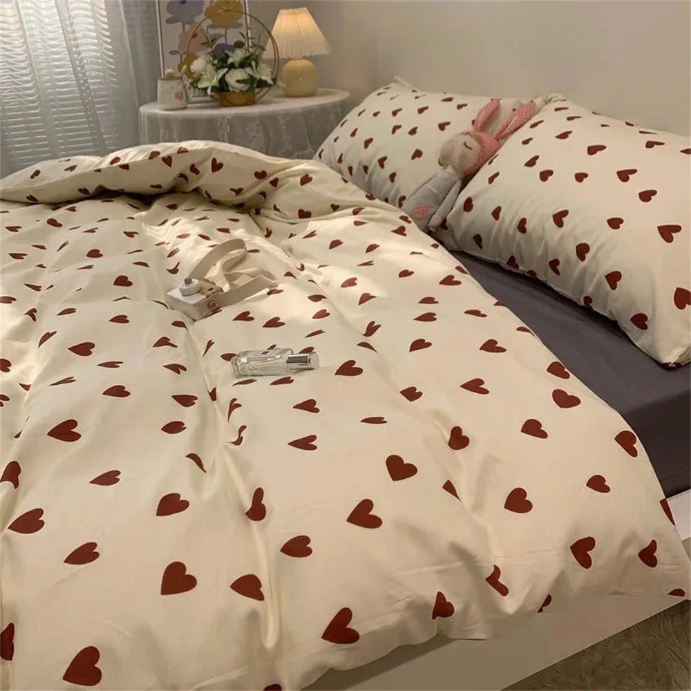 Korean Style Bedding Set Kid Adult Twin Full Queen Size Bed Flat Sheet Set Pillowcase Bed Linen Love Heart Duvet Cover Main image