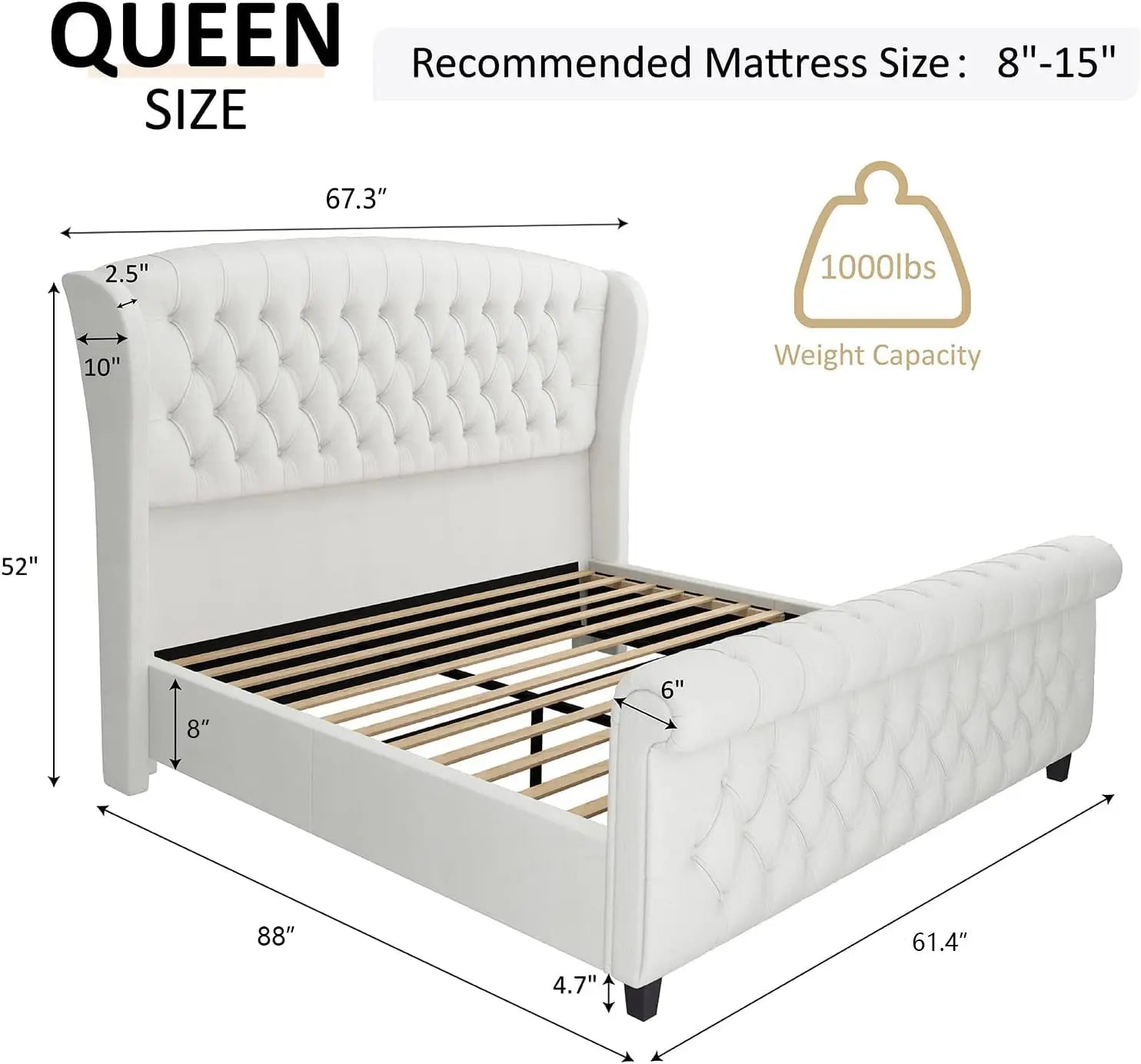Queen Size Platform Bed Frame, Chenille Upholstered Sleigh Bed with Scroll Wingback Headboard & Footboard/Button, Customized Secondary image