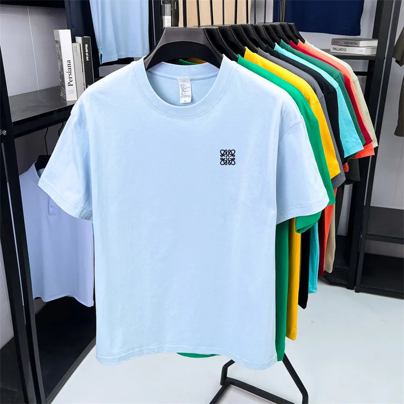 Summer Luxury 100%cotton Man Short-Sleeved T-Shirt Round Neck Delicate Embroidery Absorb Sweat Ventilate Leisure Men's Clothing