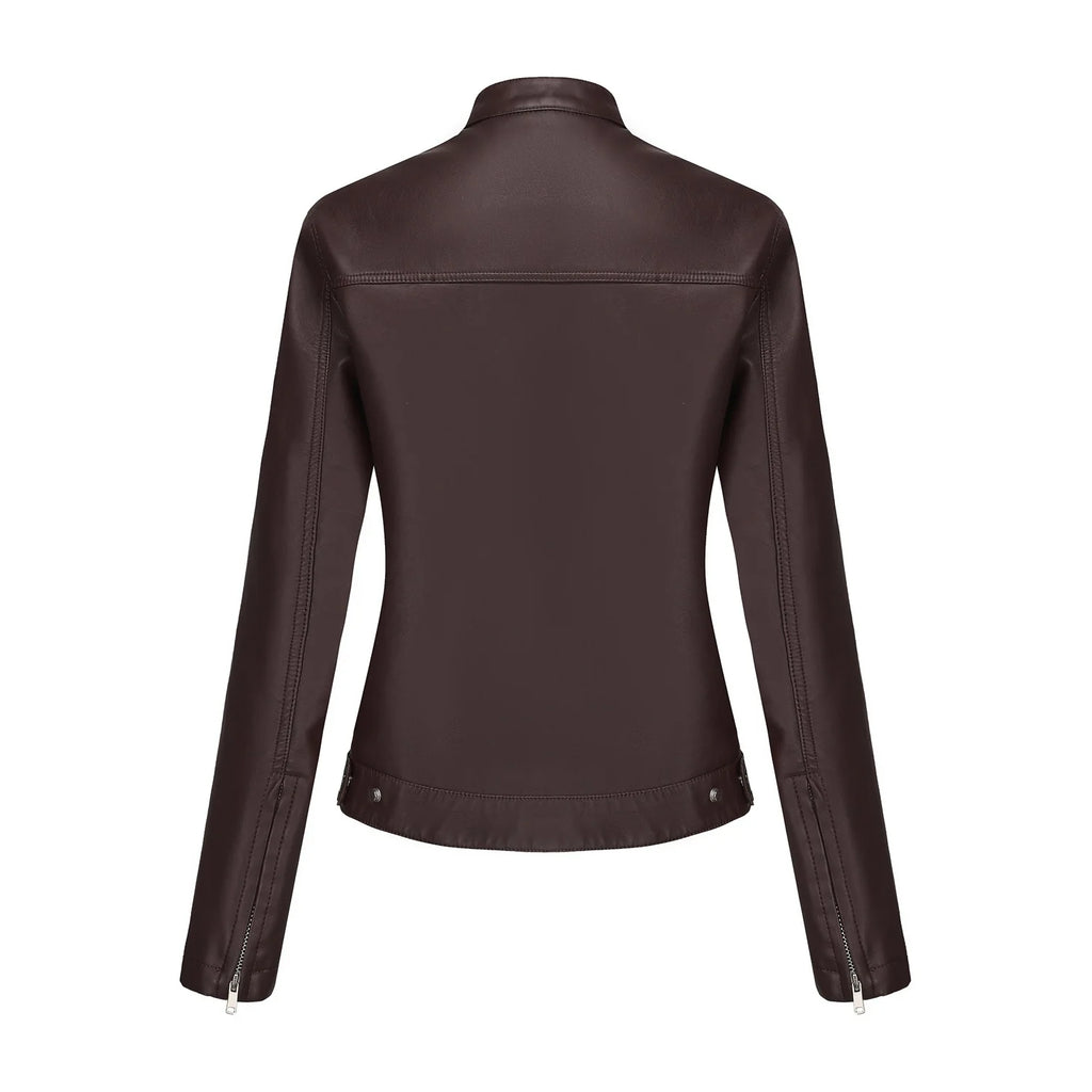 Black Women's Fitted Leather Jacket with Front Zipper & Side Pockets‌, Available in Brown, Navy Blue, and Beige.