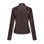 Black Women's Fitted Leather Jacket with Front Zipper & Side Pockets‌, Available in Brown, Navy Blue, and Beige.