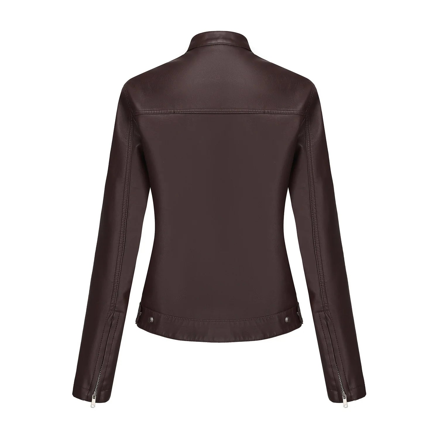 Black Women's Fitted Leather Jacket with Front Zipper & Side Pockets‌, Available in Brown, Navy Blue, and Beige.
