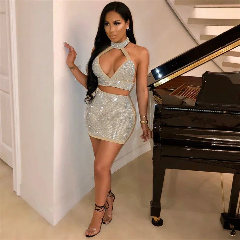 Sparkly Rhinestones Party Club Birthday Outfits for Women Two Piece Set Halter V-neck Crop Top and Mini Skirt Matching Sets
