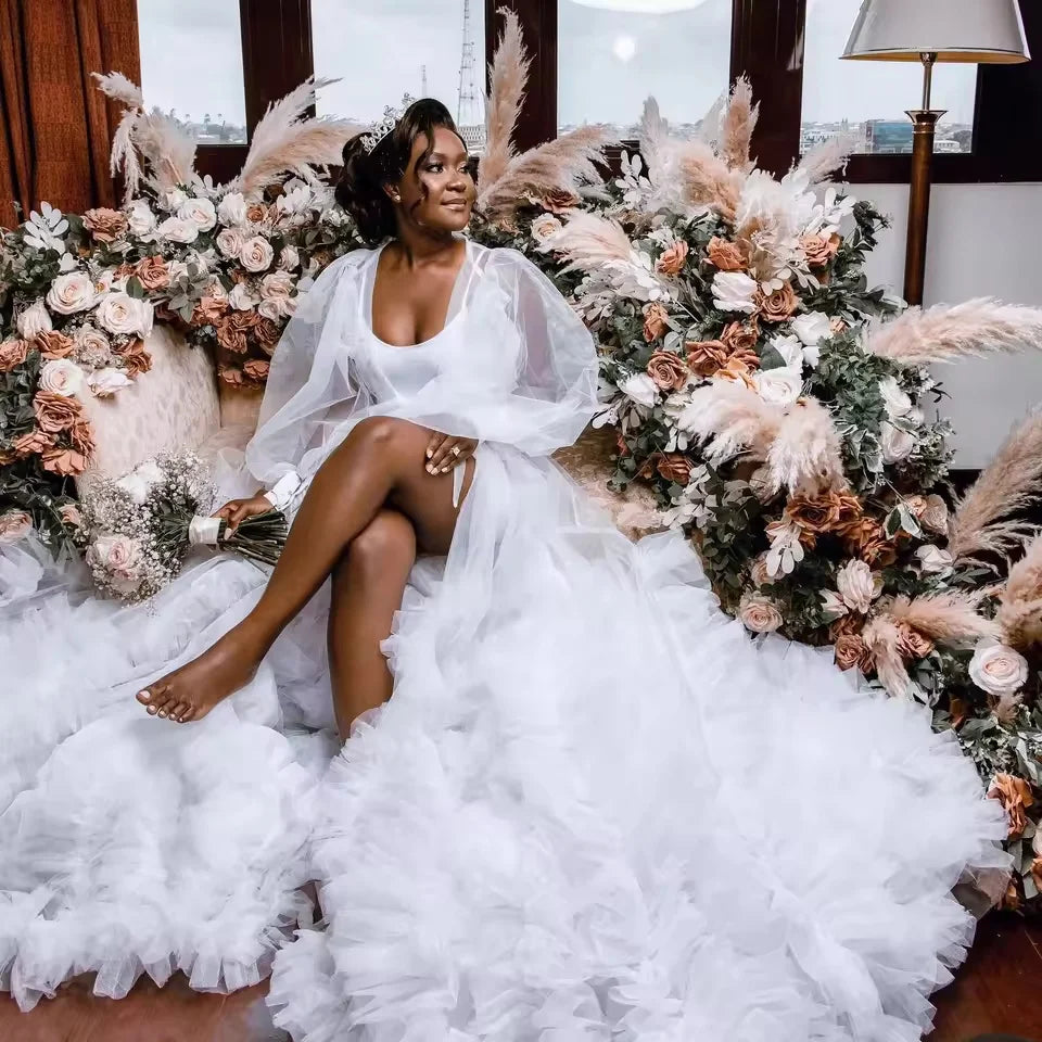 Puffy Wedding Robe Tulle Long Sleeves Ruffles Bathrobe Bride Women Gowns Bridal Boudoir Maternity Prom Dress Photoshoot Main image