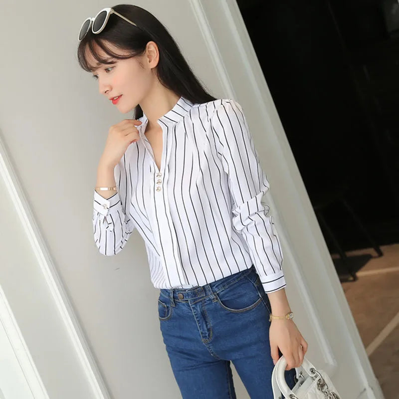 Xpqbb Autumn New White Shirt for Women Fashion Stripe Print Long Sleeve Office Lady Blouses Casual Loose Stand-up Collar Blusas