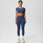 2PCS Woman Gym Sports Yoga Set Knitted Slim Workout Top Short Sleeve Quick Drying Legging Fitness Pants Running Sports Yoga Suit