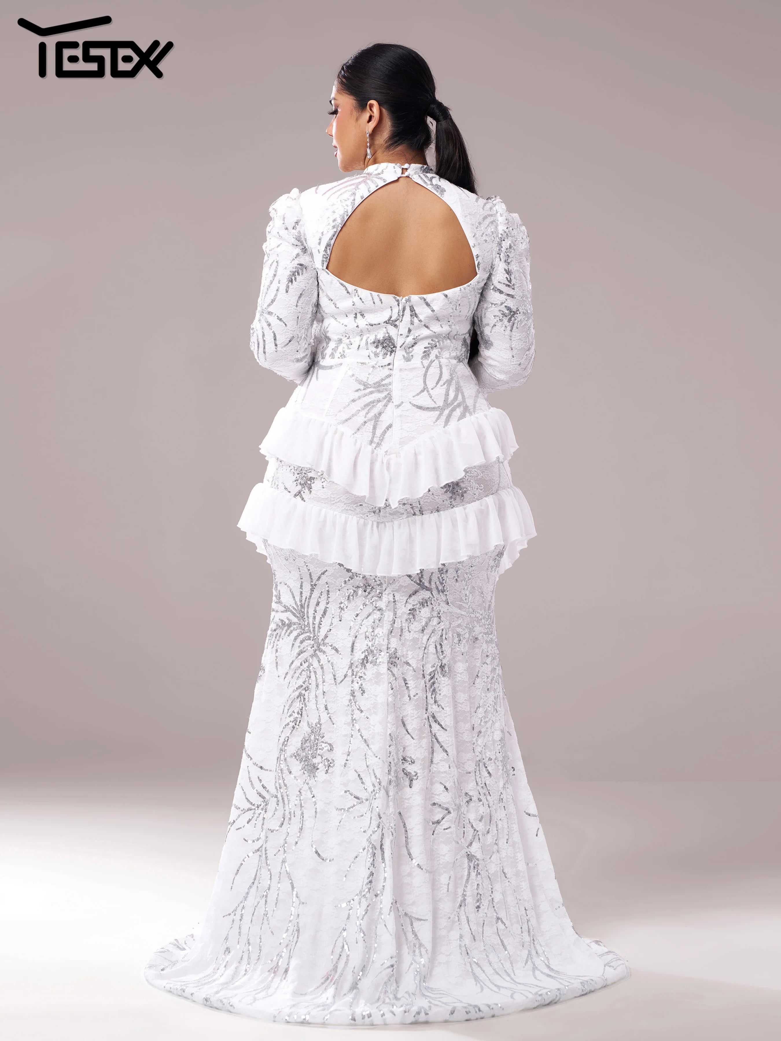 Yesexy Plus Size Elegant Beautiful Women Round Neck Long Sleeved Split Evening Gown Wedding Birthday Party Formal Occasion Dress Secondary image