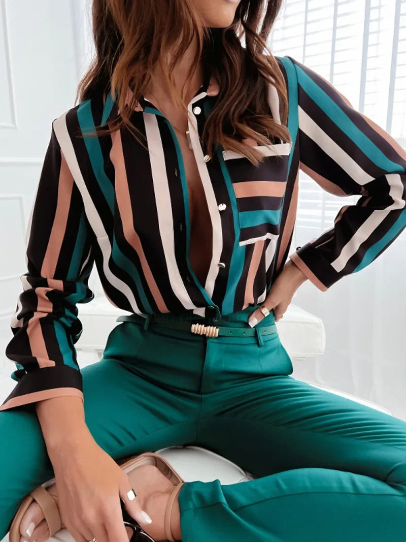 Women Geometric Print Shirt, Spring and Autumn Fashion Long-sleeved Shirts, Camisa Girls Chemise Size S M L XL XXL