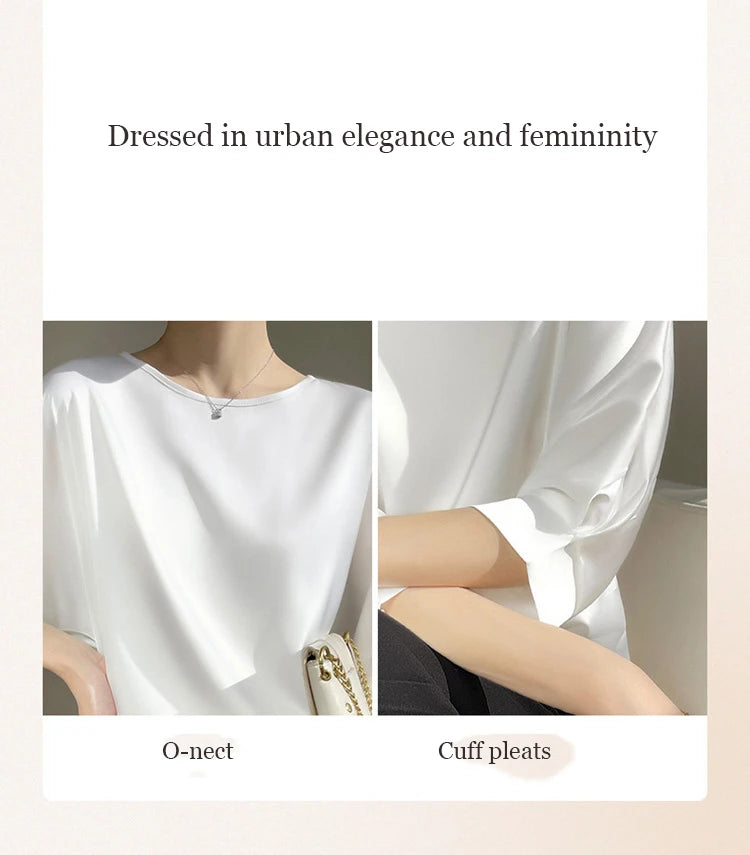 New In Summer Satin Silk Half-Sleeve Tee Tops Basic Solid Women‘s T-Shirt Casual O-neck Thin Shirts Ladies Loose Blouses