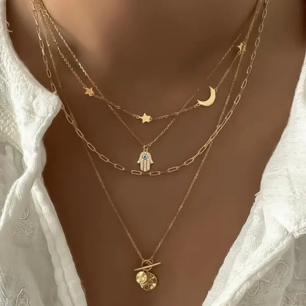 Boho Lucky Multi-layers Crystal Evil Eye Pendant Necklace For Women Geometric Round Charm Clavicle Chain Beach Jewelry