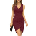 Summer Sexy Solid Sleeveless V-Neck Women Dress Hip Slim Fit Ruched Bodycon Skirt Fashion Simple Ladies Evening Party Dress