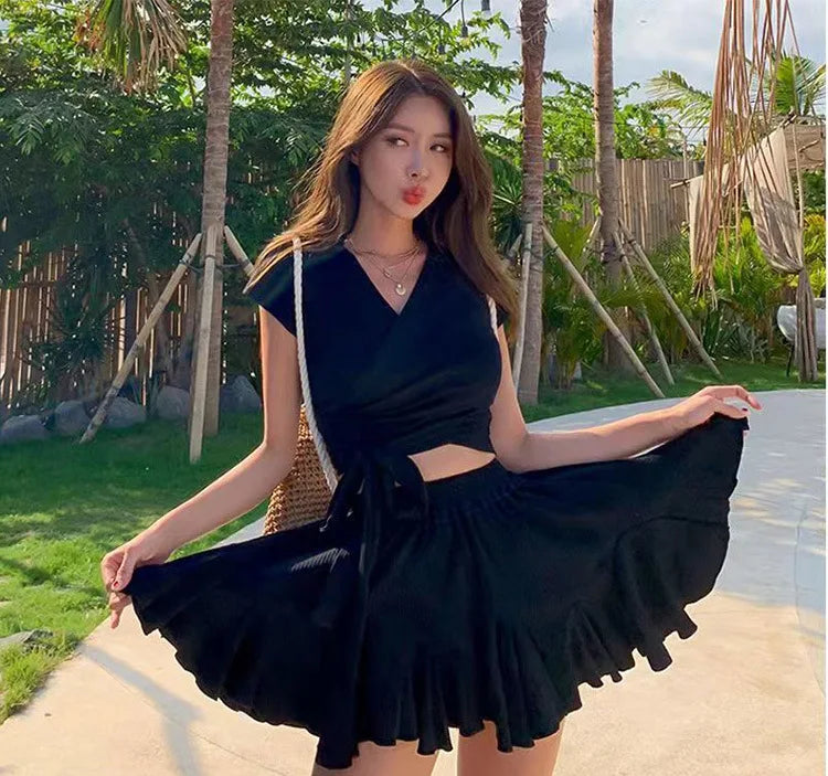 Women'sSwim Set Ribbed V Neck Wrap Crop Top With Tie Waist And Ruffled Flared Skirt Cover Up Modest Summer Bathing Suit Swimwear