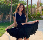 Women'sSwim Set Ribbed V Neck Wrap Crop Top With Tie Waist And Ruffled Flared Skirt Cover Up Modest Summer Bathing Suit Swimwear