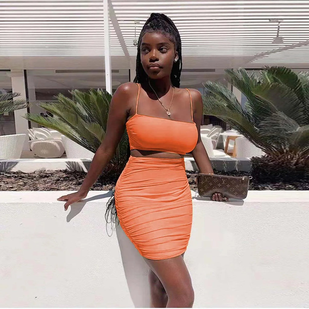 Women's New Sexy Sleeveless Strap Small Tank Top Short Top Fashion Wrinkle Bag Hip Skirt Two Piece Set