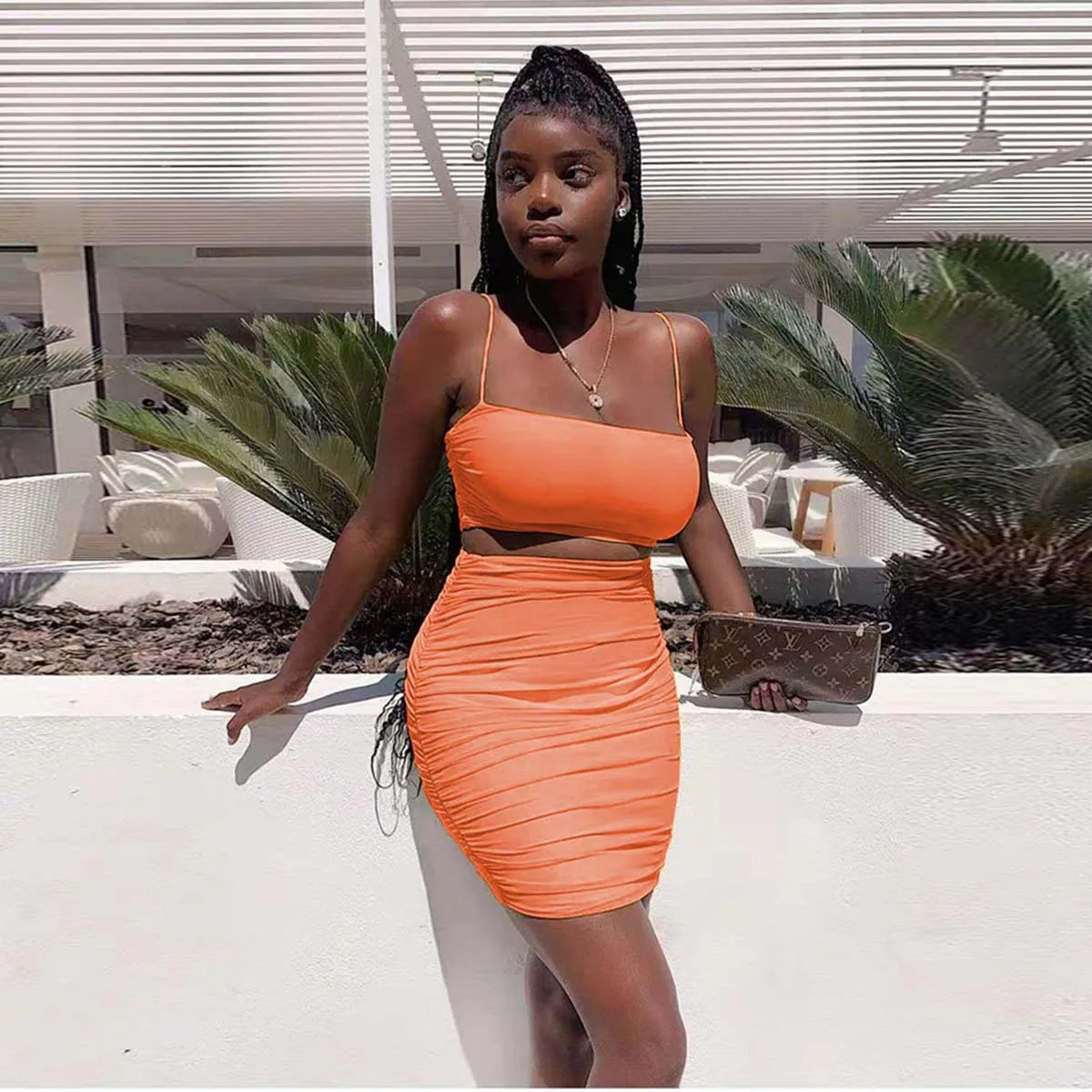 Women's New Sexy Sleeveless Strap Small Tank Top Short Top Fashion Wrinkle Bag Hip Skirt Two Piece Set