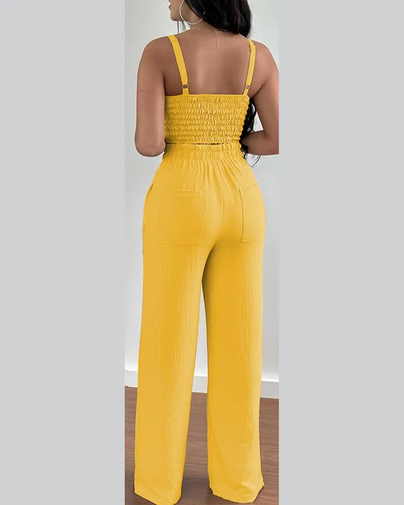 2 Piece Outfits For Women 2025 Sexy V-Neck Strap Shirred Slim Crop Top & Lace-up Wide Leg Pants Sets Elegant Office Lady Suit