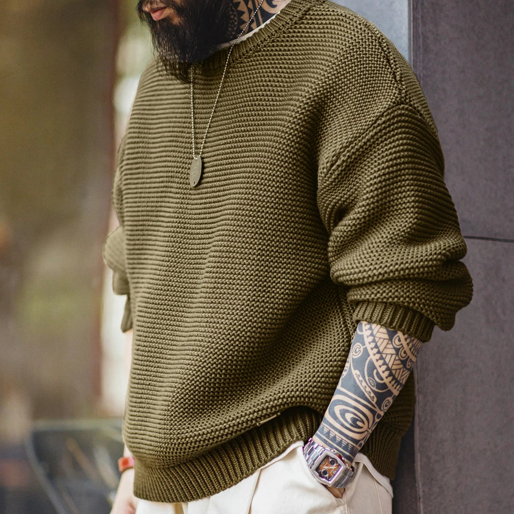 Maden Retro Heavyweight Knitted Sweater Loose Round Neck Pullover Warm Versatile Base Layer Knitwear for Men's Autumn and Winter
