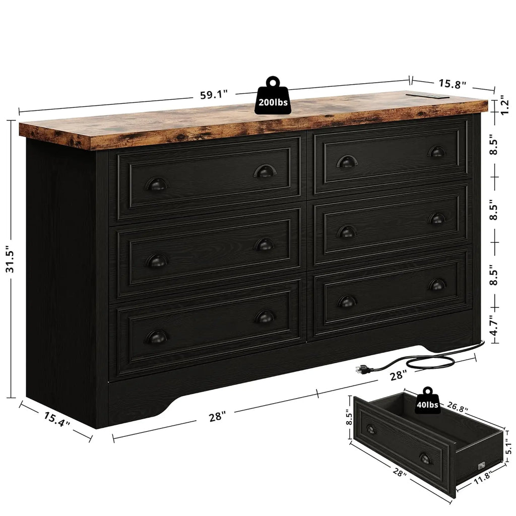 59" 6 Drawers Dresser for Bedroom, Power Strip, Farmhouse Large Wood Dressers & Chest of Drawers with Wide Storage, Customized