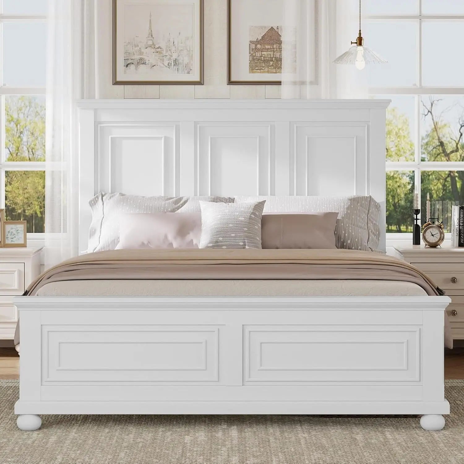 Farmhouse Queen Size Platform Bed for Adults, Solid Wood Platform Beds with Tall Headboard & Footboard, Queen Panel Bed for Bedr