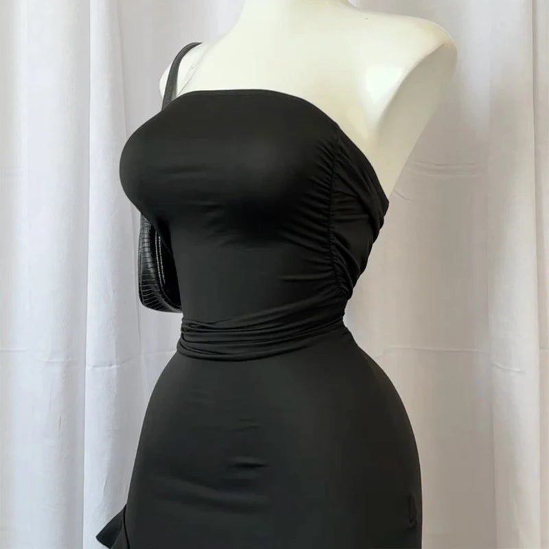 Women Strapless Sexy Floral Fold Hemline High Slit Mini Dress  2026 Solid Backless Sleeveless Black And Pink Party Dress Vestidos