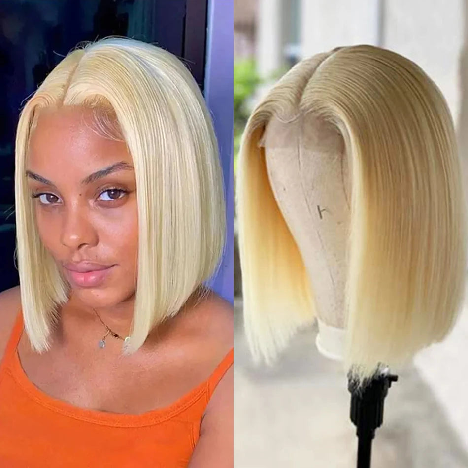 613 Blonde Short Bob Wigs Straight 13x4 Lace Front Human Hair Wigs Pre Plucked Honey Blonde Color Short Bob Lace Frontal Wigs Main image