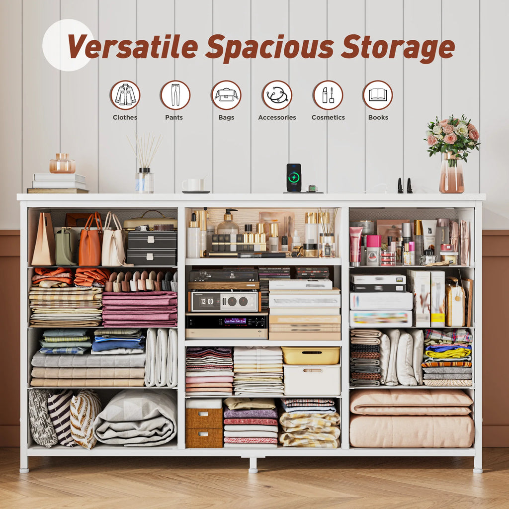 Modern 10-Drawer Dresser with Mirror & RGB LED Lights, 55" Wide Fabric Chest with USB Charging for Bedroom Vanity, Hallway