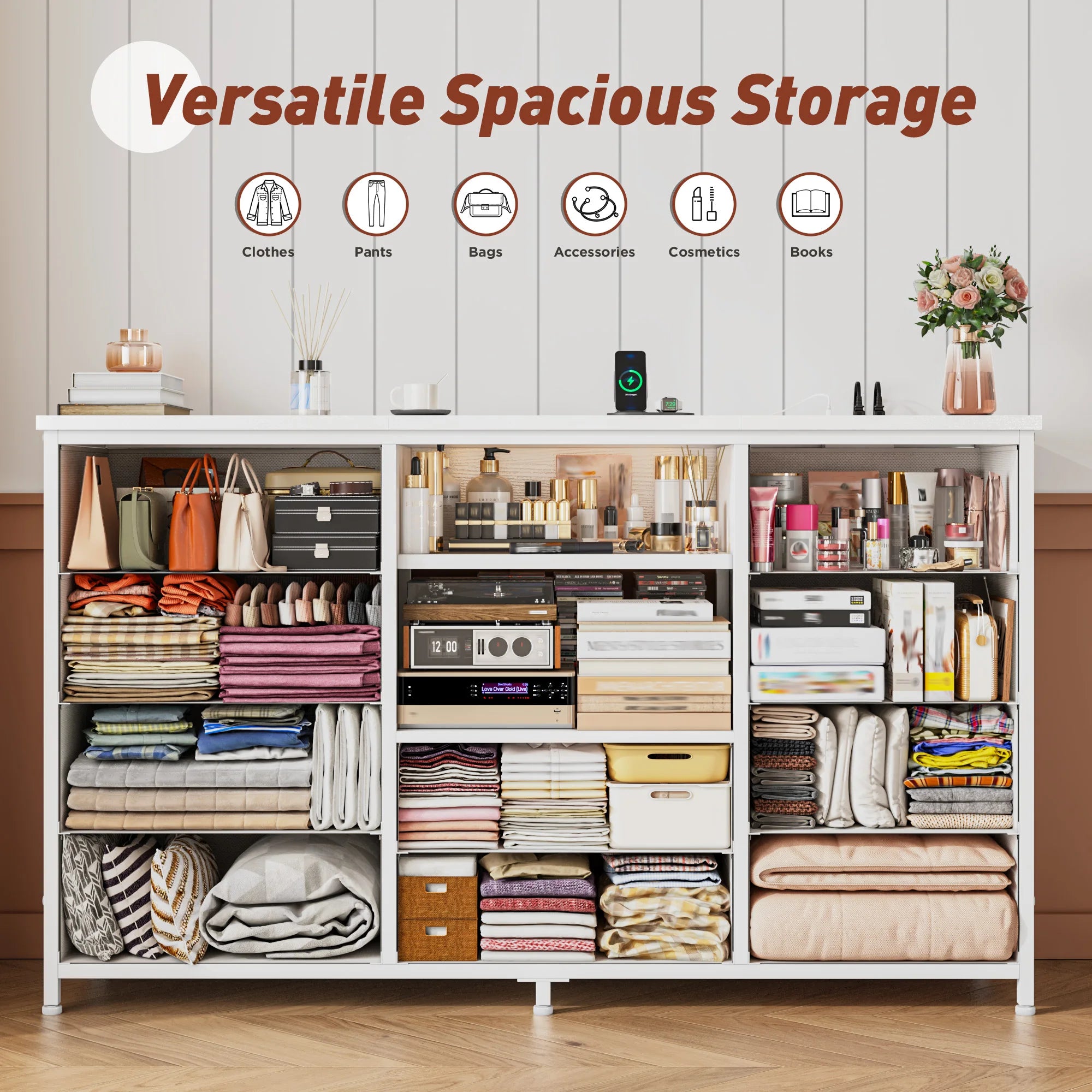 Modern 10-Drawer Dresser with Mirror & RGB LED Lights, 55" Wide Fabric Chest with USB Charging for Bedroom Vanity, Hallway