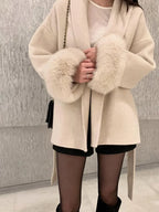 Elegant Lace Up Woolen Short Coat Solid Loose Lapel Furry Belt Long Sleeve Jacket Female 2025 Autumn Winter Lady Chic Cardigan