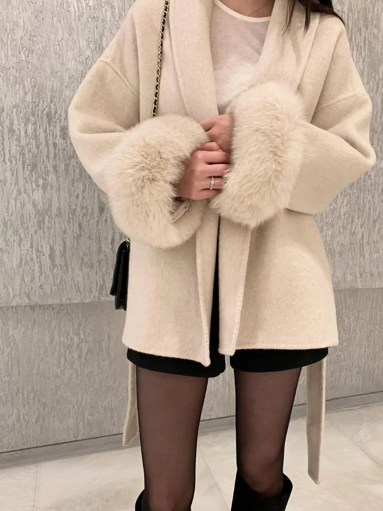Elegant Lace Up Woolen Short Coat Solid Loose Lapel Furry Belt Long Sleeve Jacket Female 2025 Autumn Winter Lady Chic Cardigan