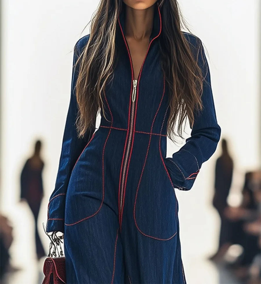 Jumpsuits For WomanFashion Casual Autumn/Winter Long Sleeve V-neck Pockets Solid Color Zipper Wide Leg Jumpsuits Jumpsuit Woman