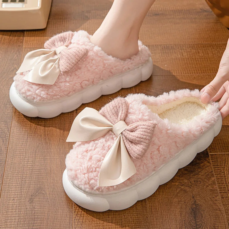 Cotton slippers for Women Autumn and Winter Thick Sole Indoor Home Warm Couples Shoes Bow Non-Slip Flat Platform Women's Slipper
