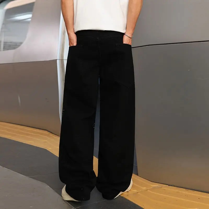 Spring/Summer Rhinestone Straight Leg Jeans Retro Loose Fit Slimming Pants Casual Korean Style Long Pants