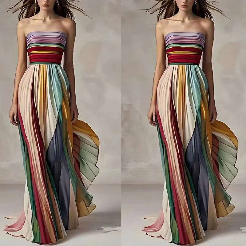 Women's Summer Printing Patchwork Maxi Dress Sleeveless Fashion Holiday Party Dresses Elegant Strapless Ladies Dress Vestidos