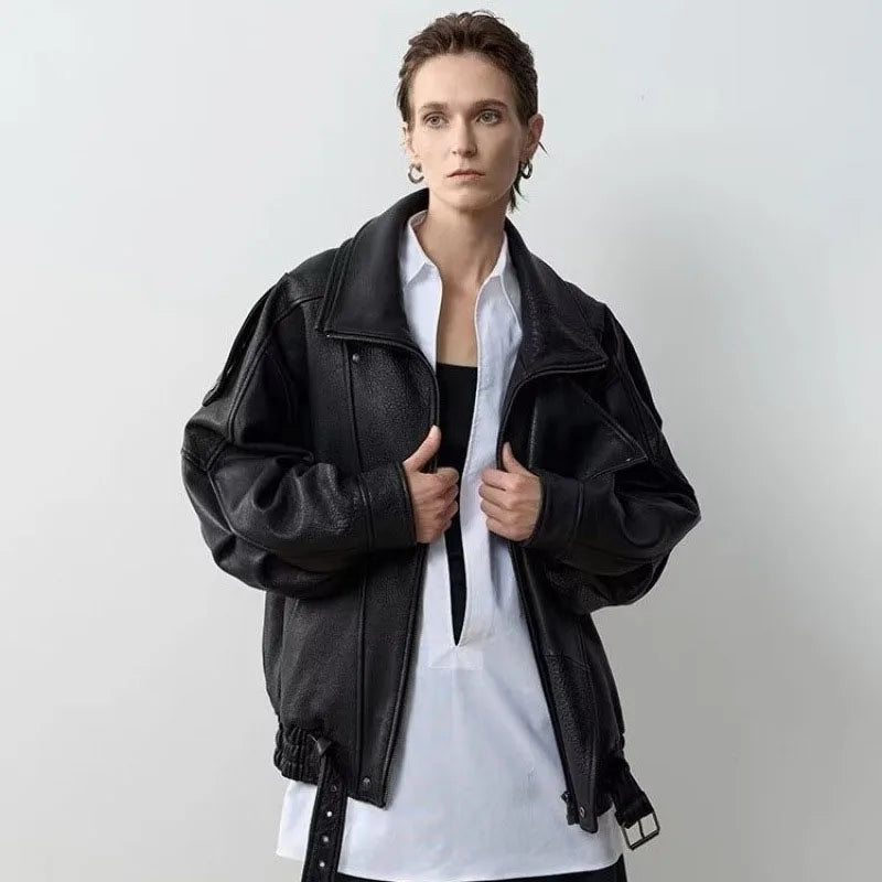 Vintage Zippers Short Leather Jackets Women's Casual Lapel Button Pockets Full Sleeve Coat 2025 Autumn New Lady Chic Streetwear
