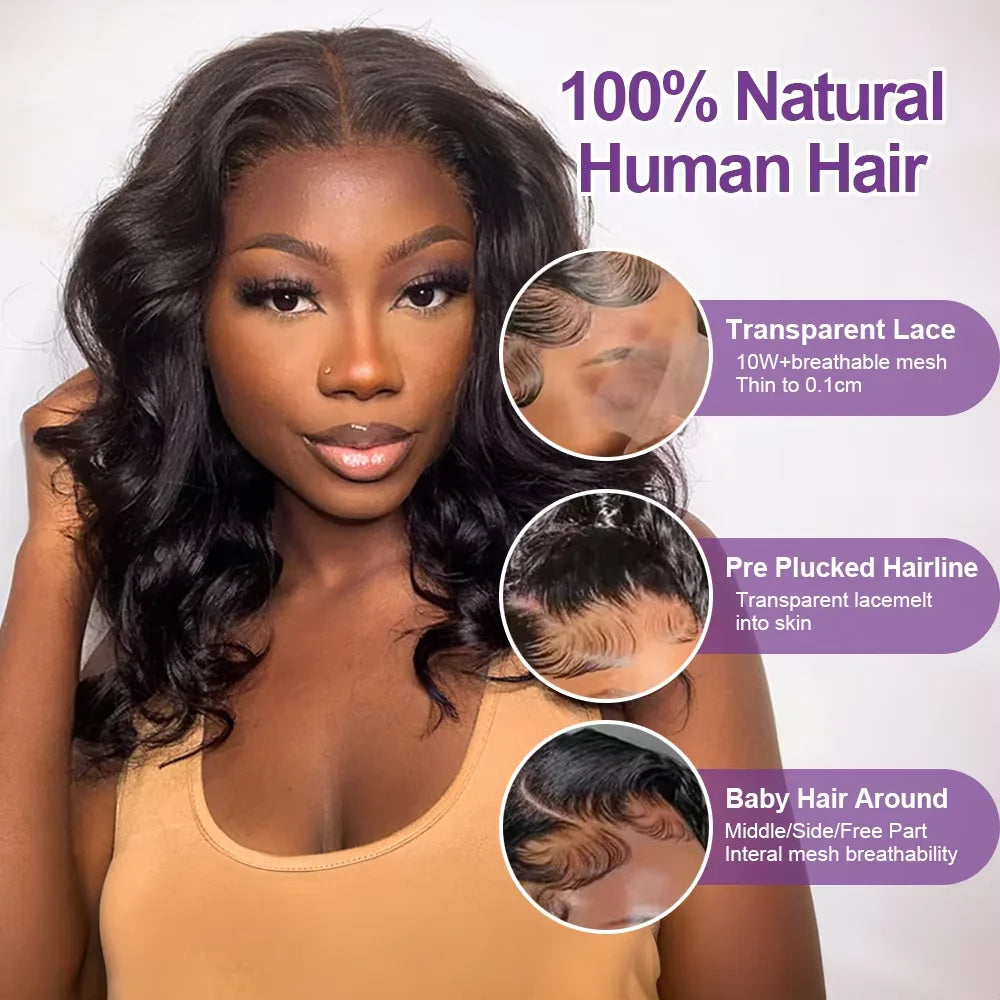 250% Density Loose Body Wave Short Bob Human Hair Brazilian 13x4 HD Lace Front Wig For Black Women Glueless Frontal Closure Wigs