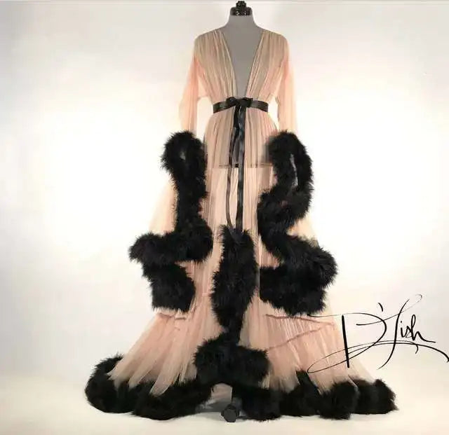Sexy Deep V-neck Tulle Maternity Dresses Lace Hollow Horn Long-sleeved Feather Trailing Dress Photo Photography Props Vestidos
