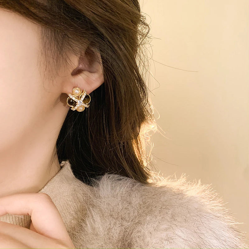 2026 New Design Natural Tiger Eye Stone Micro inlaid Zircon Geometric Earrings for Women's Trendy Jewelry Luxury Accessories