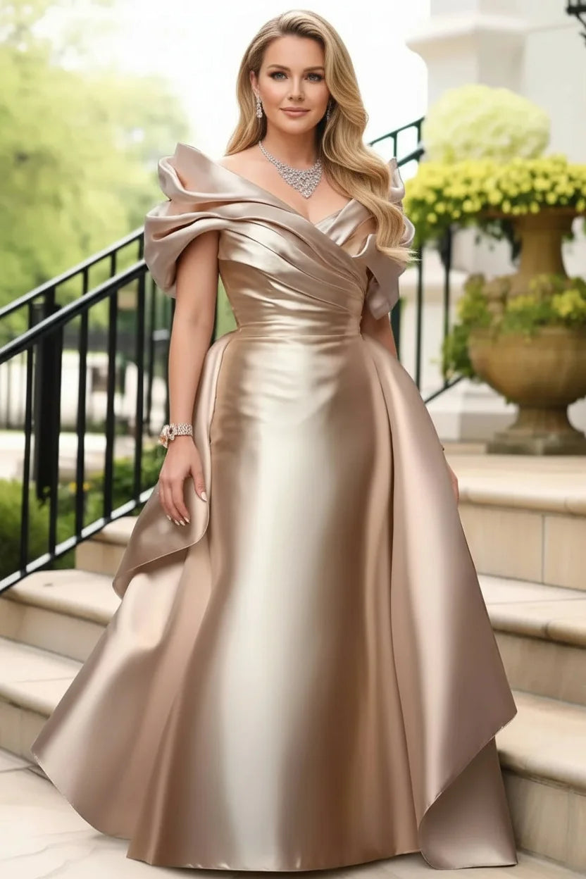 Plus Size Satin Evening Dress for Women's Off Shoulder Puff Sleeve Solid Elegant Cocktail Wedding Guest Maxi Dresses Main image