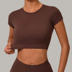 Gym Workout Yoga Fitness Sports Suit Short-sleeved Top Padded-free High-waisted Hip-lifting Trousers Outdoors Leisure Sportswear