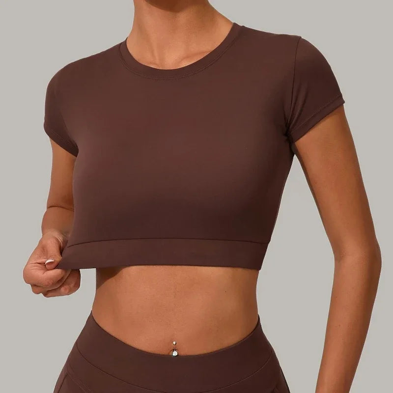 Gym Workout Yoga Fitness Sports Suit Short-sleeved Top Padded-free High-waisted Hip-lifting Trousers Outdoors Leisure Sportswear