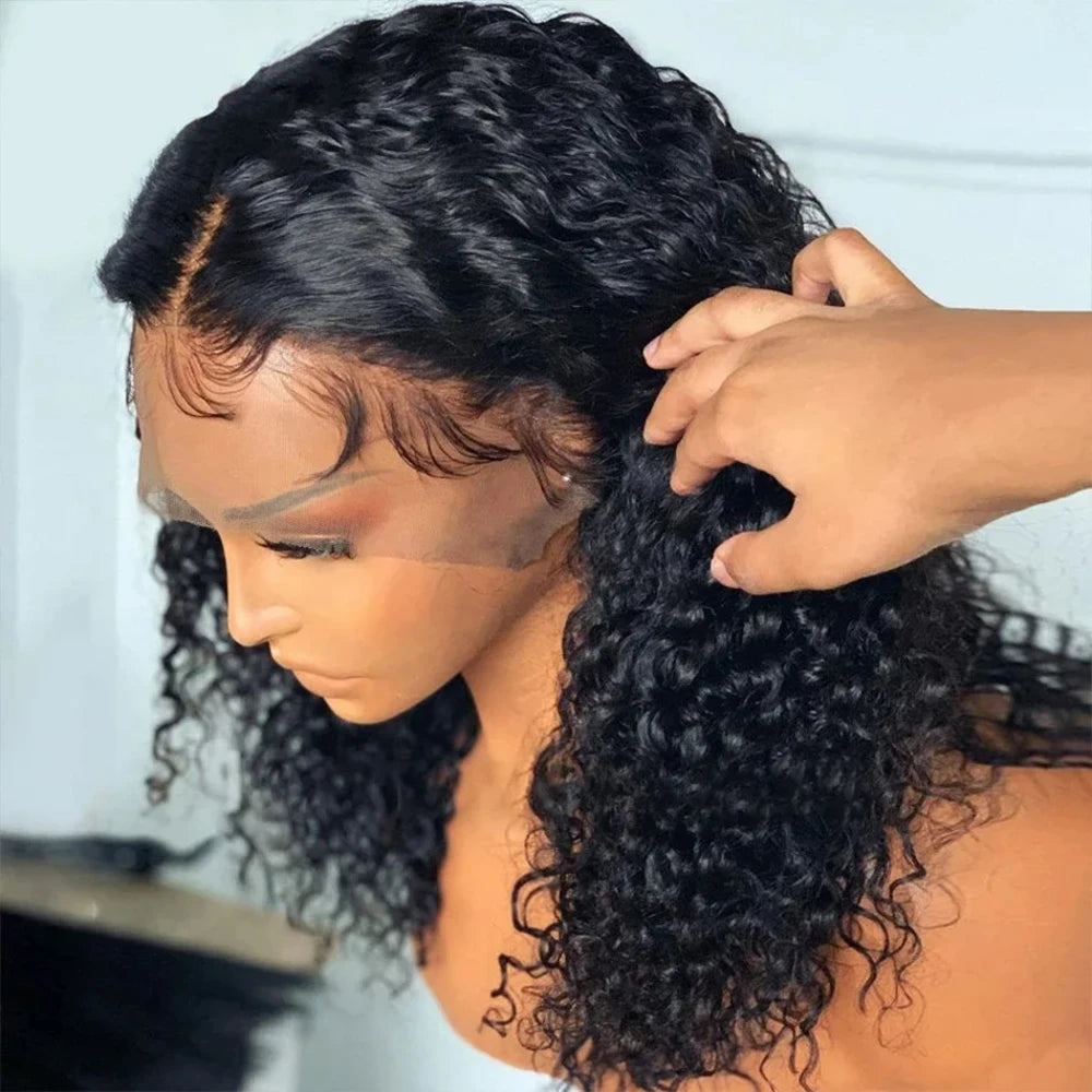 Brazilian 100% Human Deep Curly Bob Hair Wigs Natural Black Color Deep Wave HD Lace Front Part 13x4 Transparent Lace Wigs Main image