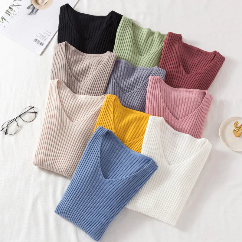 Autumn Winter Women Sweaters Casual Long Sleeve Knitted V Neck Pullover Sweater Femme Basic Solid Jersey Tops Fashion Clothes Secondary image