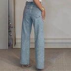 Straight Jeans for Women Diamonds Pants Stretch High Waist Washed Distressed Pockets Vintage Denims Streetwear Female Trousers