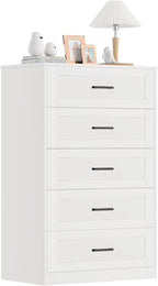 5 Drawer Dresser for Bedroom, White Dresser with Deep Drawers, Modern Tall Dresser Farmhouse Wooden Dresser Chest of Drawers
